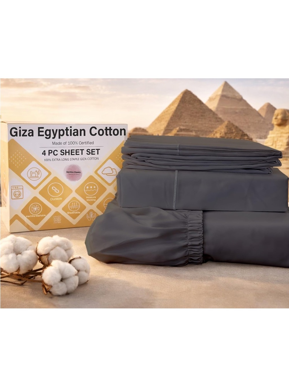 NEW MyGiza Sheets 4 Pcs Queen Sheet Set, 100% Certified Giza Egyptian Cotton